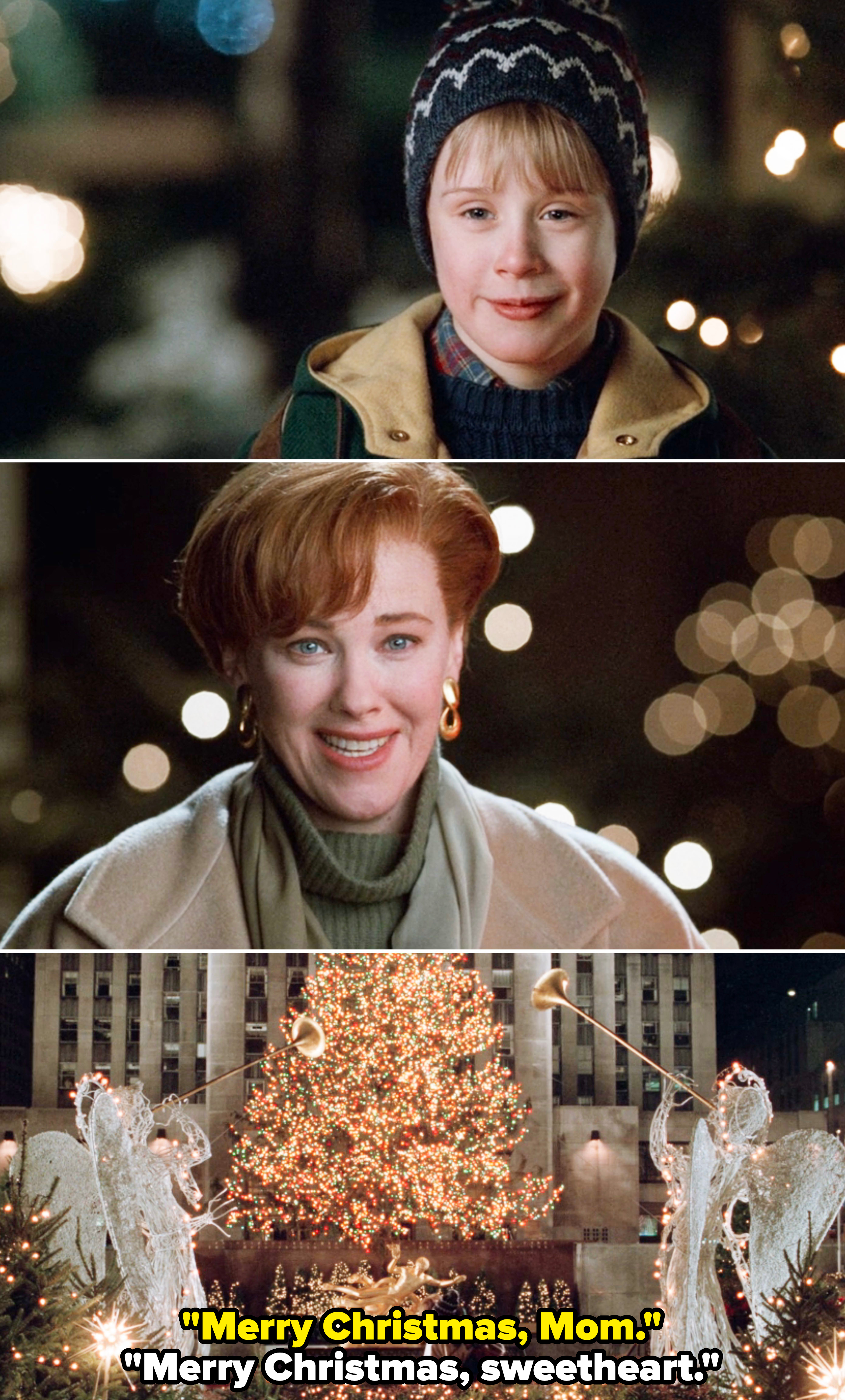 Top: Kevin McCallister smiling with winter hat. Middle: Kate McCallister smiling. Bottom: Large Christmas tree with angels at Rockefeller Center