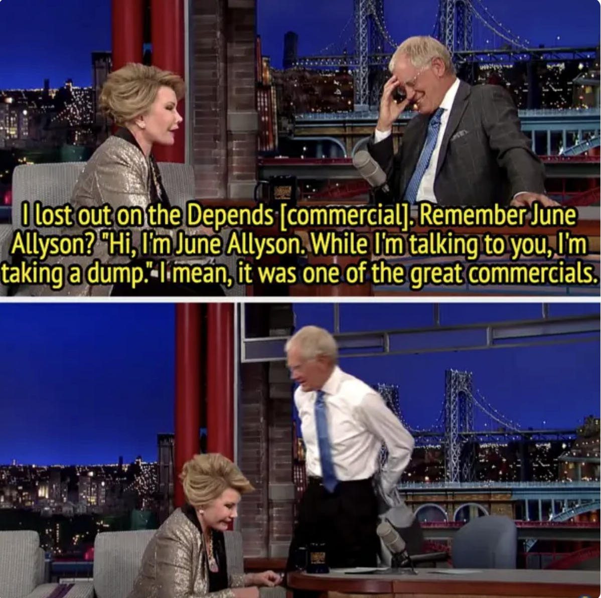 Screenshot from a TV show with David Letterman interviewing Joan Rivers, who is making a humorous comment about losing a commercial role to June Allyson, and David takes off his jacket and walks out