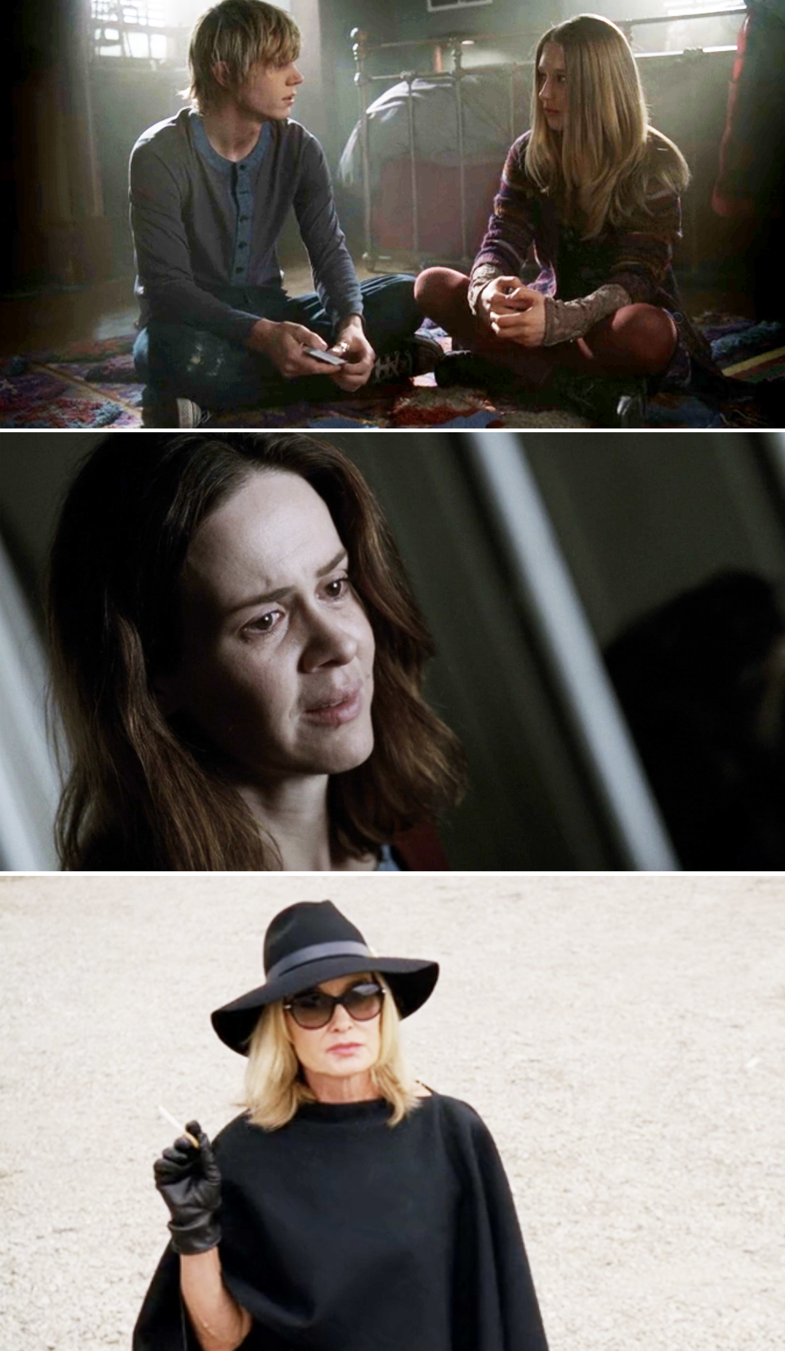 Top: Evan Peters and Taissa Farmiga sit on the floor talking. Middle: Sarah Paulson looks distressed. Bottom: Jessica Lange wears a wide-brim hat and a cape, holding a cigarette