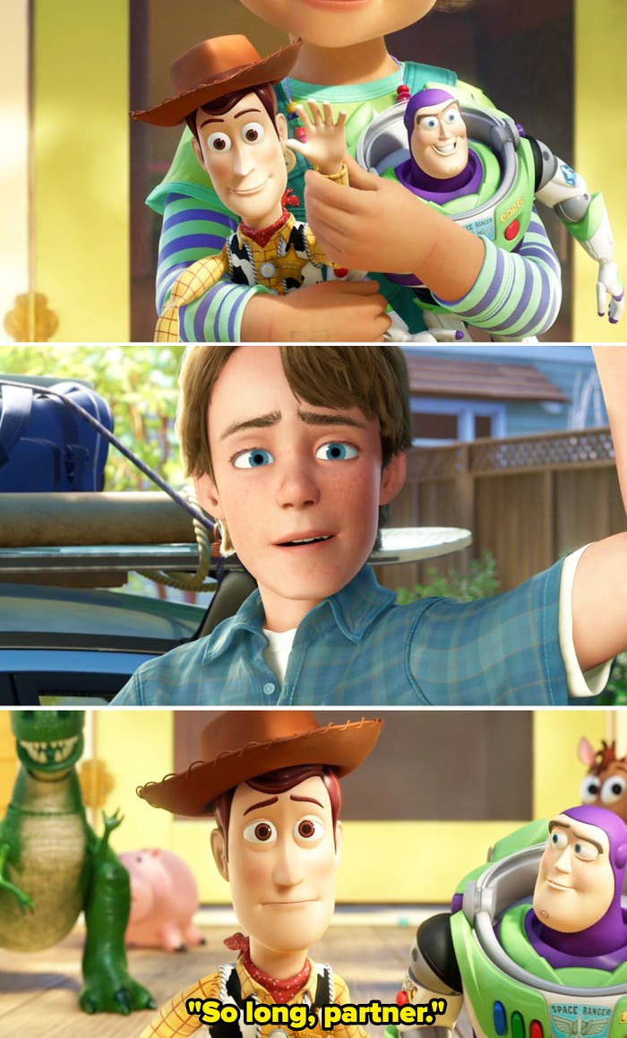 Woody and Buzz Lightyear from Toy Story are held by Bonnie in the top image. In the middle, Andy looks at the camera. In the bottom, Woody and Buzz stand together, with Woody saying, "So long, partner"