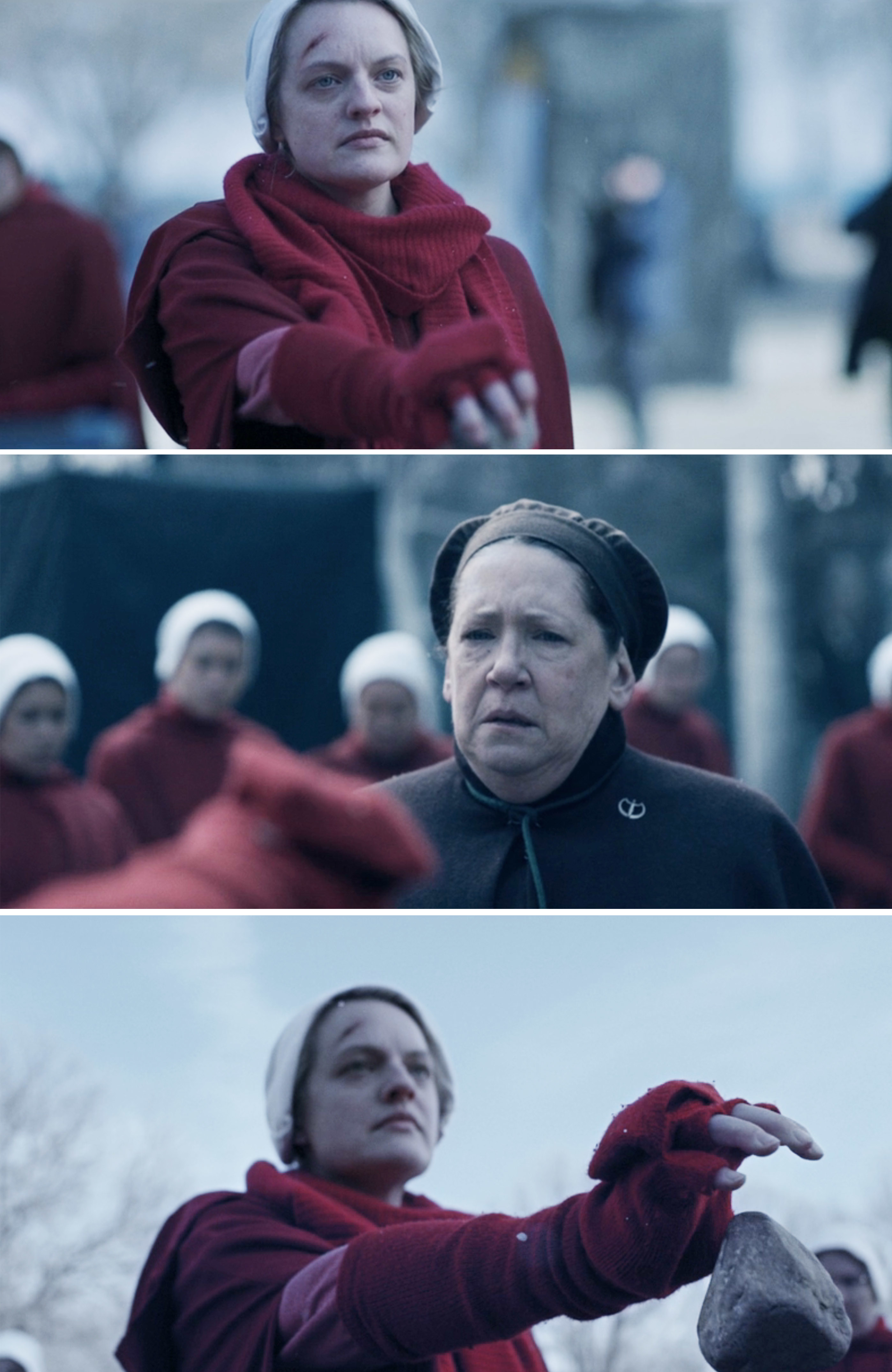 Elisabeth Moss and Ann Dowd in three scenes from "The Handmaid's Tale." Moss wears a red robe, Dowd wears a dark coat. Both are in character