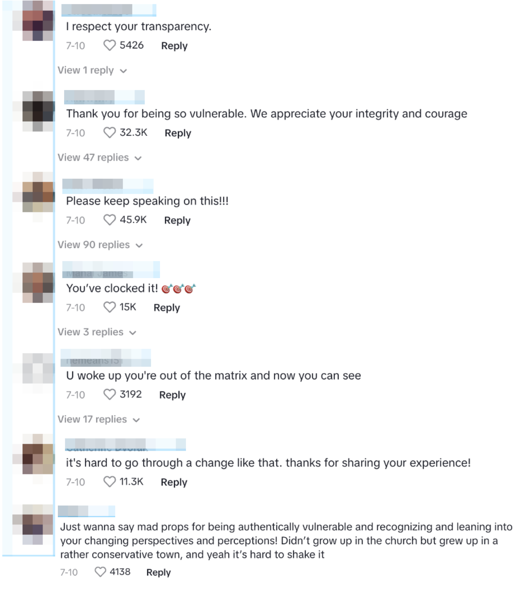 Comments from users on a social media post commending someone's transparency, integrity, courage, and authenticity in changing perspectives and perceptions