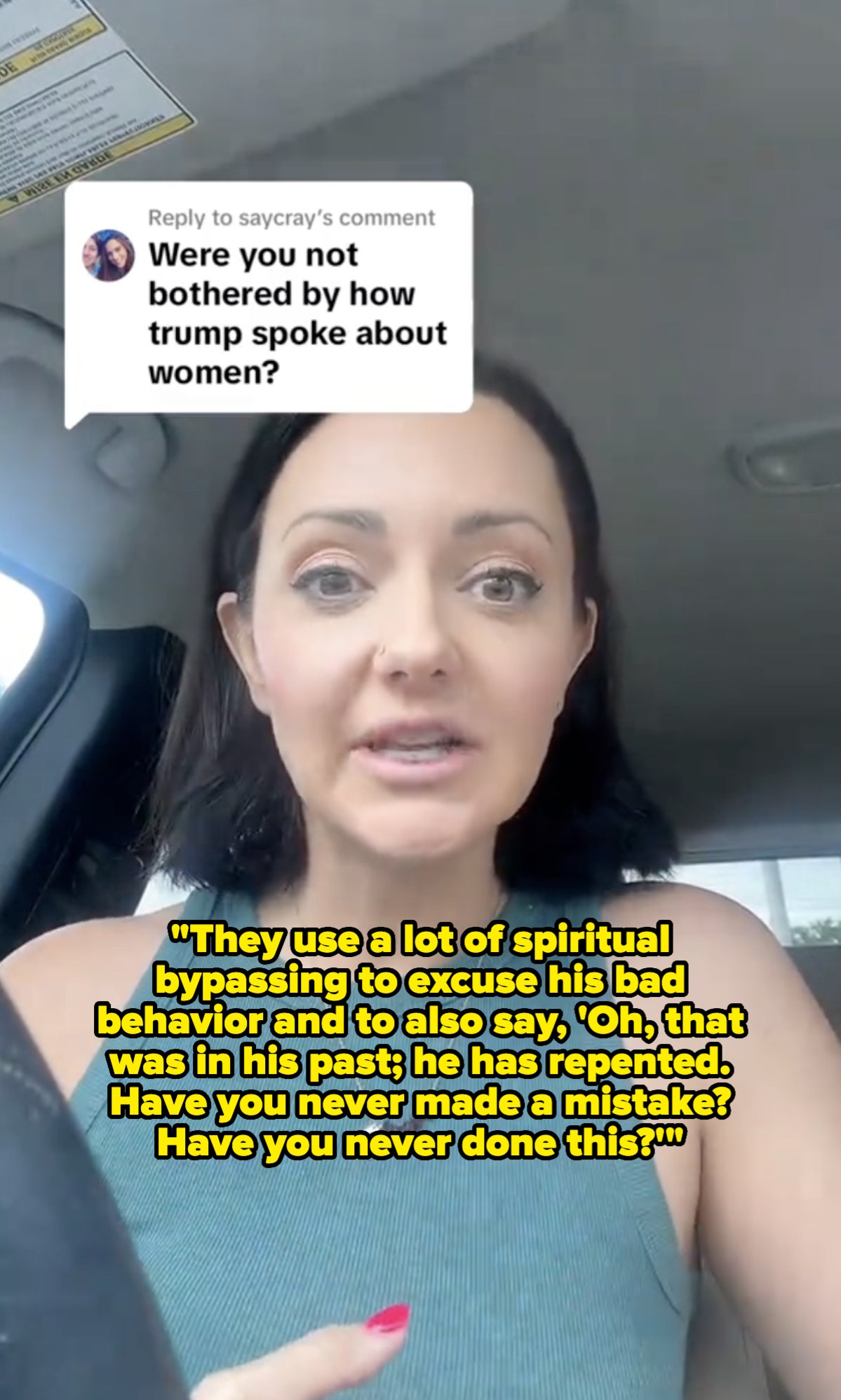 Rihanna in a car responds to a comment asking, "Were you not bothered by how Trump spoke about women?"