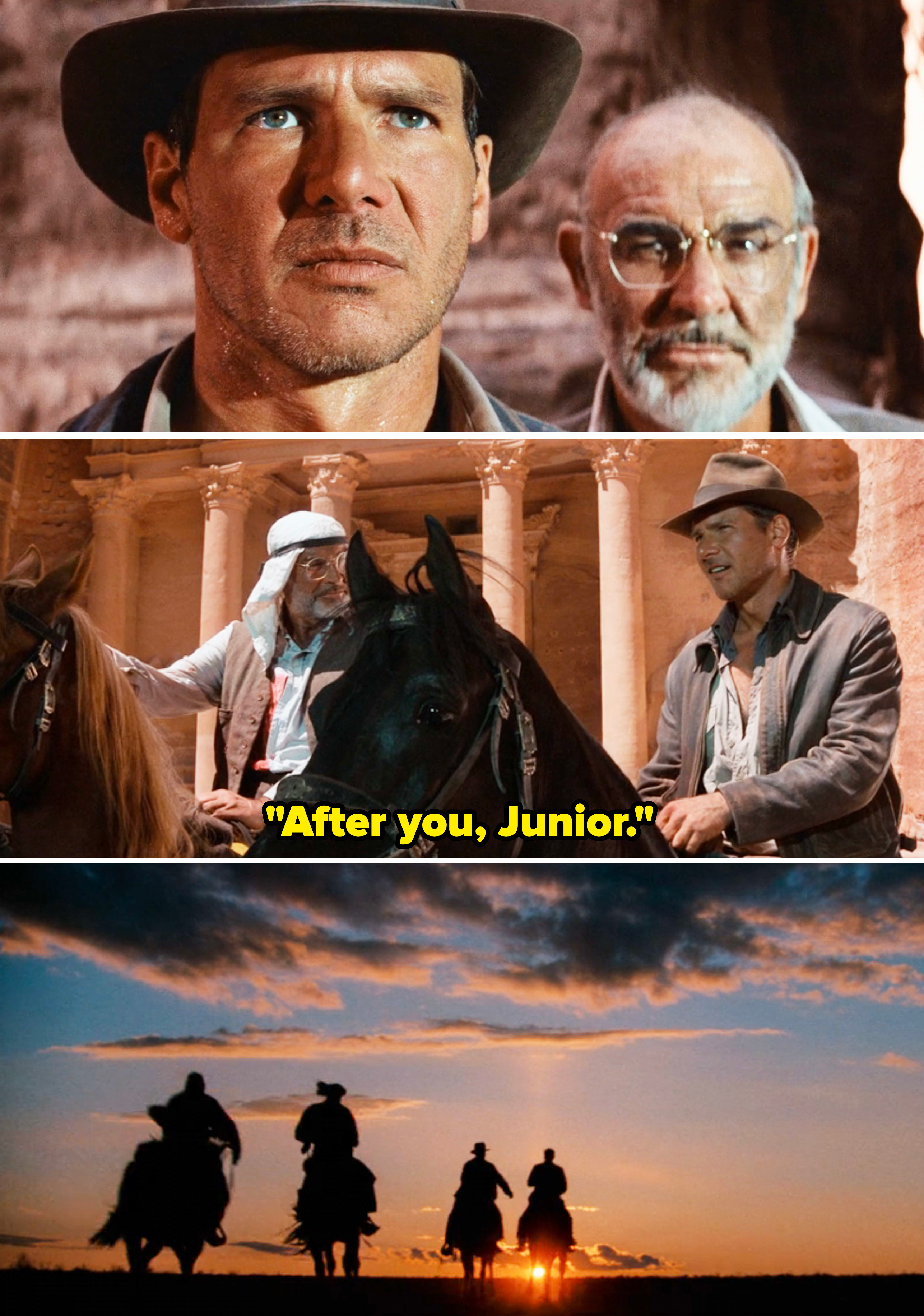 Harrison Ford and Sean Connery in scenes from "Indiana Jones and the Last Crusade," featuring horseback riding and sunset silhouettes against ancient architecture