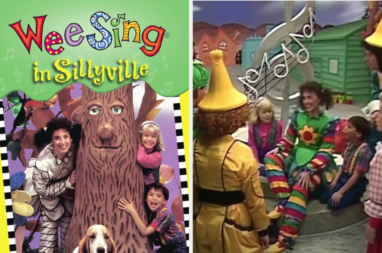 Cover and a scene from "Wee Sing in Sillyville," featuring children, adults in colorful costumes, and a large sentient tree, with musical and fun atmosphere