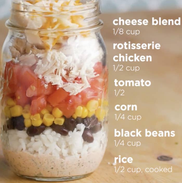 A mason jar with layered ingredients: cheese blend, rotisserie chicken, tomato, corn, black beans, and rice. Text listing ingredients and their quantities