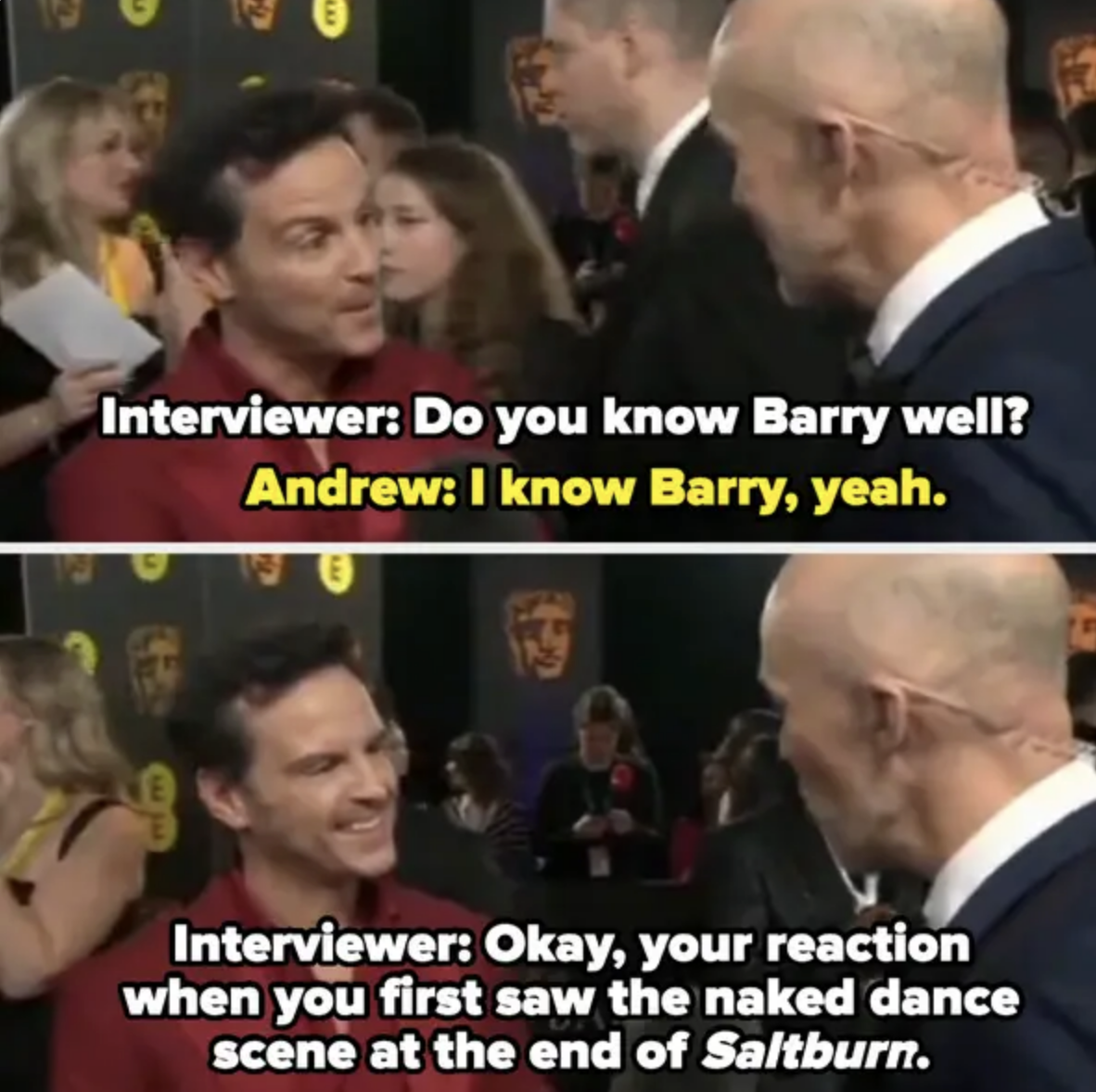 an interviewer asks Andrew about Barry's naked dance scene