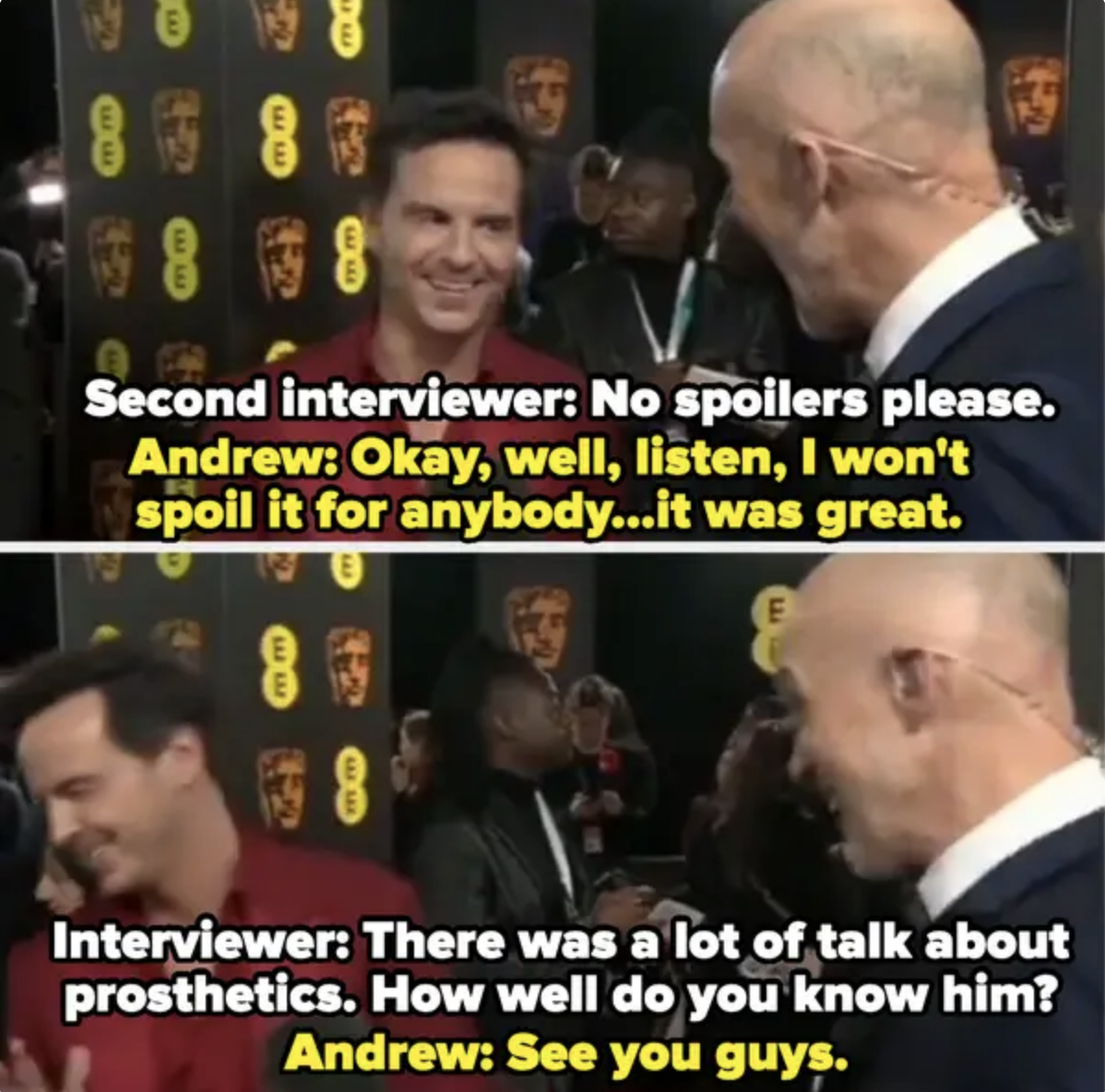 Two interviewers question Andrew Scott at an event. He responds humorously about avoiding spoilers and Barry's prosthetics, saying, "See you guys."