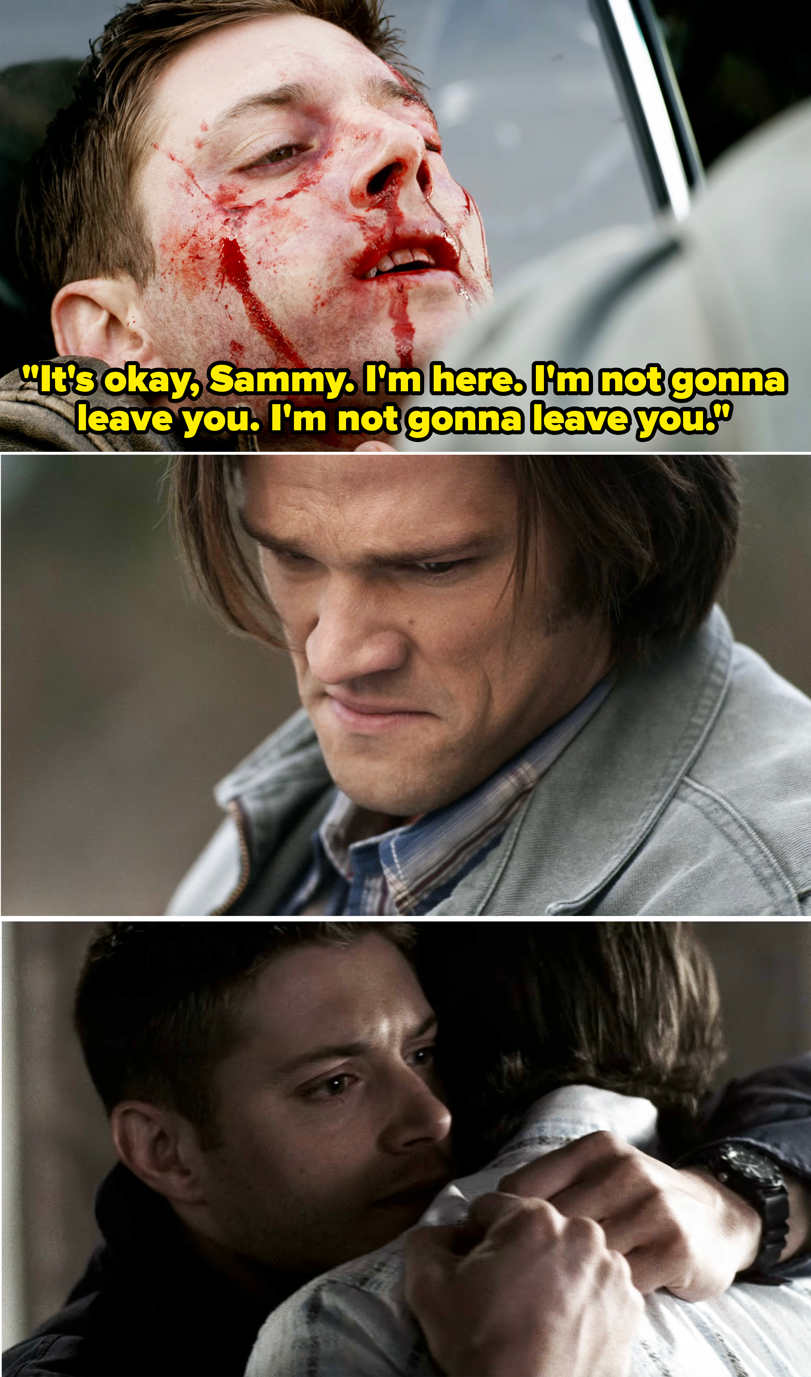 Three scenes from "Supernatural" with Jensen Ackles and Jared Padalecki: top, Ackles' face bloodied; middle, Padalecki looking sad; bottom, both embracing