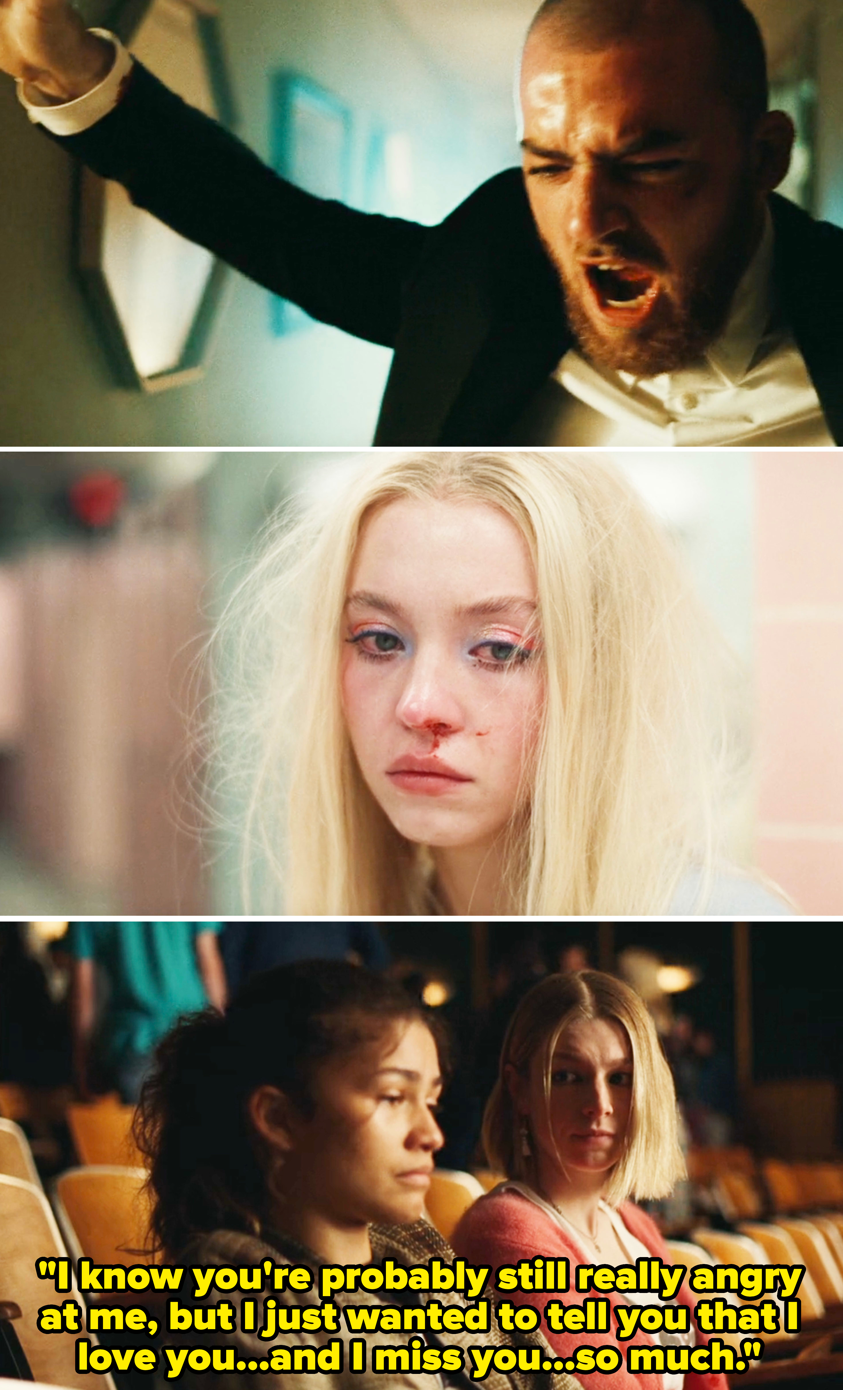 Scenes from the show "Euphoria" featuring characters Fezco (Angus Cloud), Cassie (Sydney Sweeney), Rue (Zendaya), and Jules (Hunter Schafer)