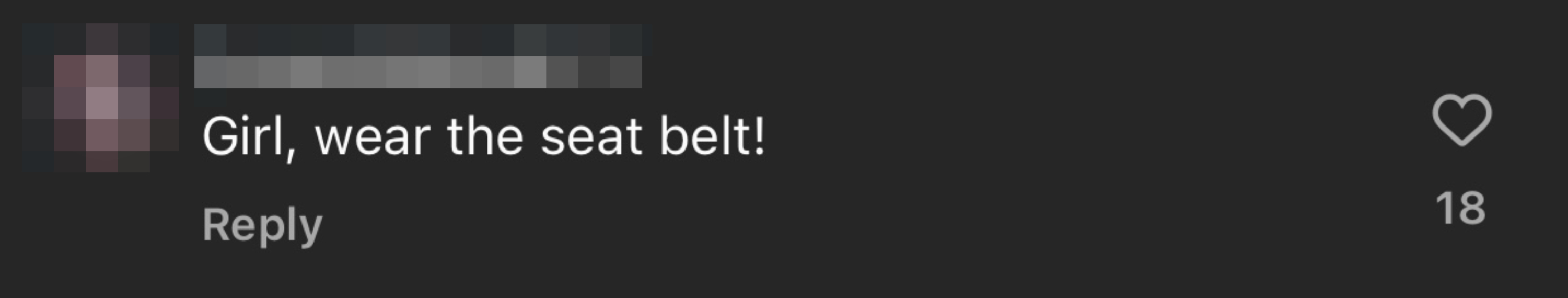 Comment saying: "Girl, wear the seat belt!"