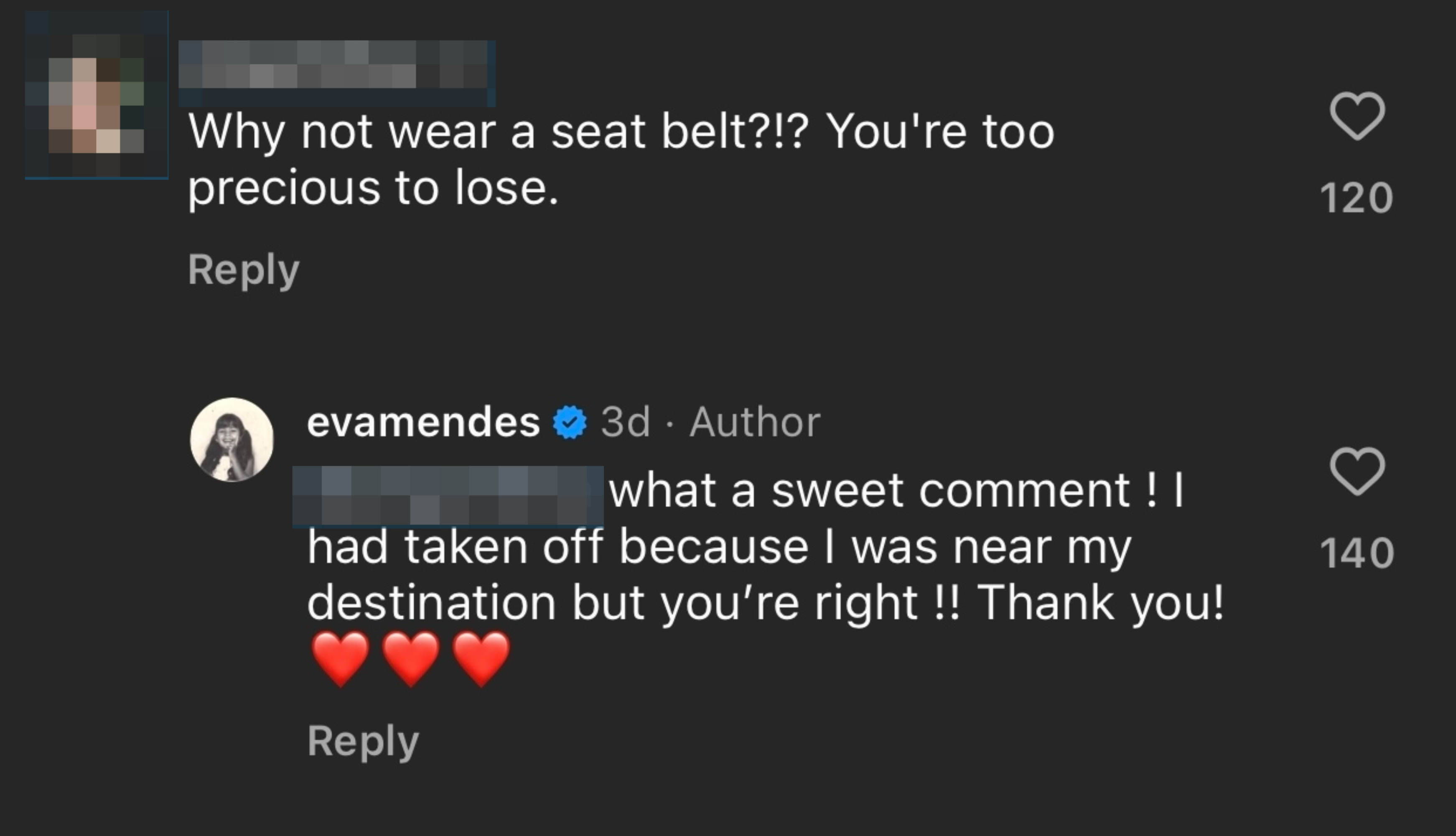 A fan asking Eva Mendes why she wasn't wearing a seat belt in a car video alongside Eva Mendes's response