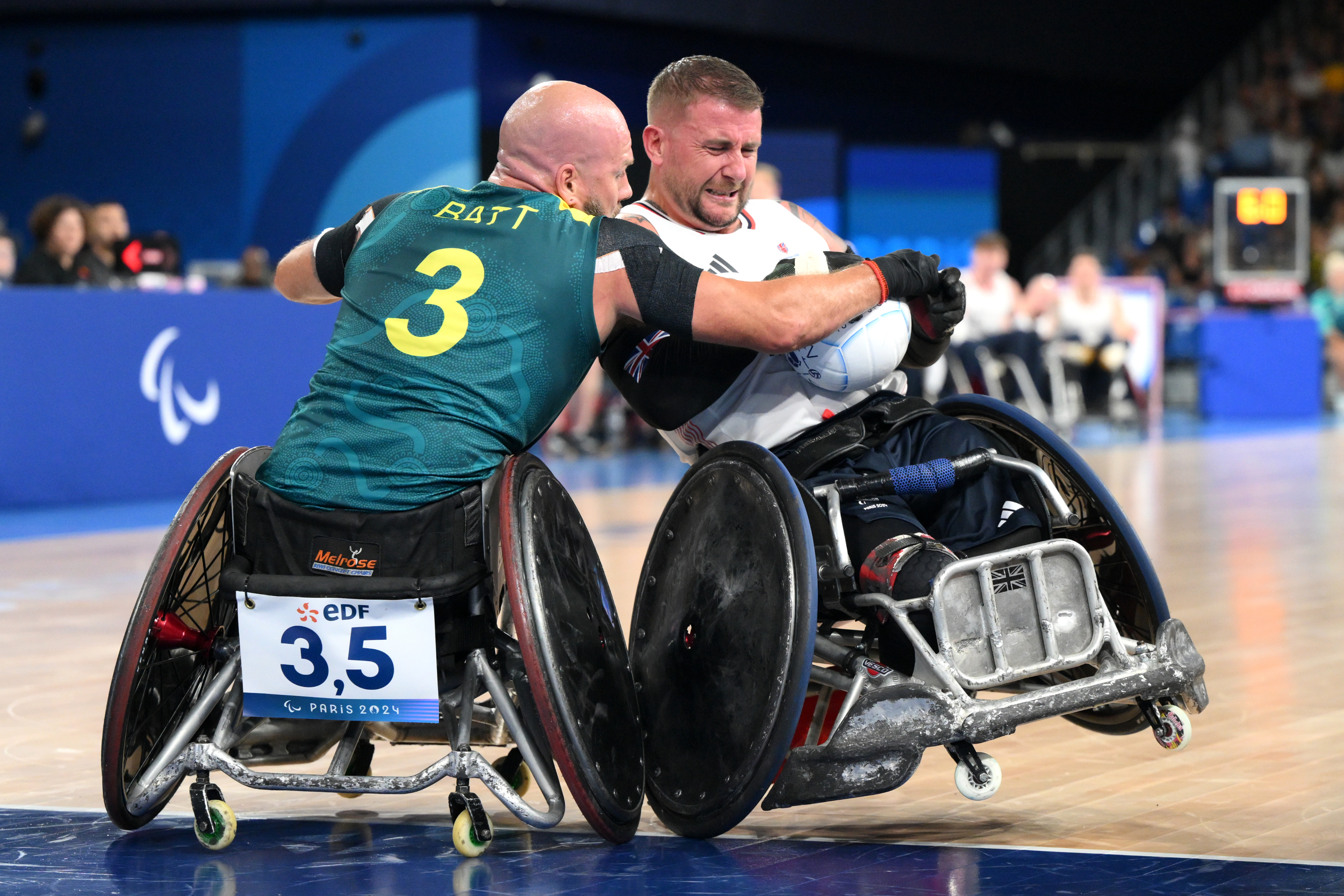 Kody Ratt plays wheelchair rugby against a UK player during a match at the EDF European Paralympic Championships in Paris