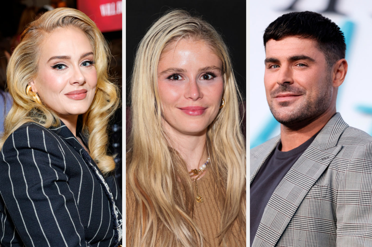 Adele in a pinstriped blazer, Erin Moriarty in a tan top, and Zac Efron in a checked blazer, all pose for individual photos