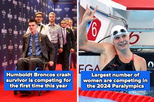 Humboldt Broncos crash survivor and team at an event (left). A female swimmer celebrates at the pool (right). Headlines: Competing first time; Record women in 2024 Paralympics