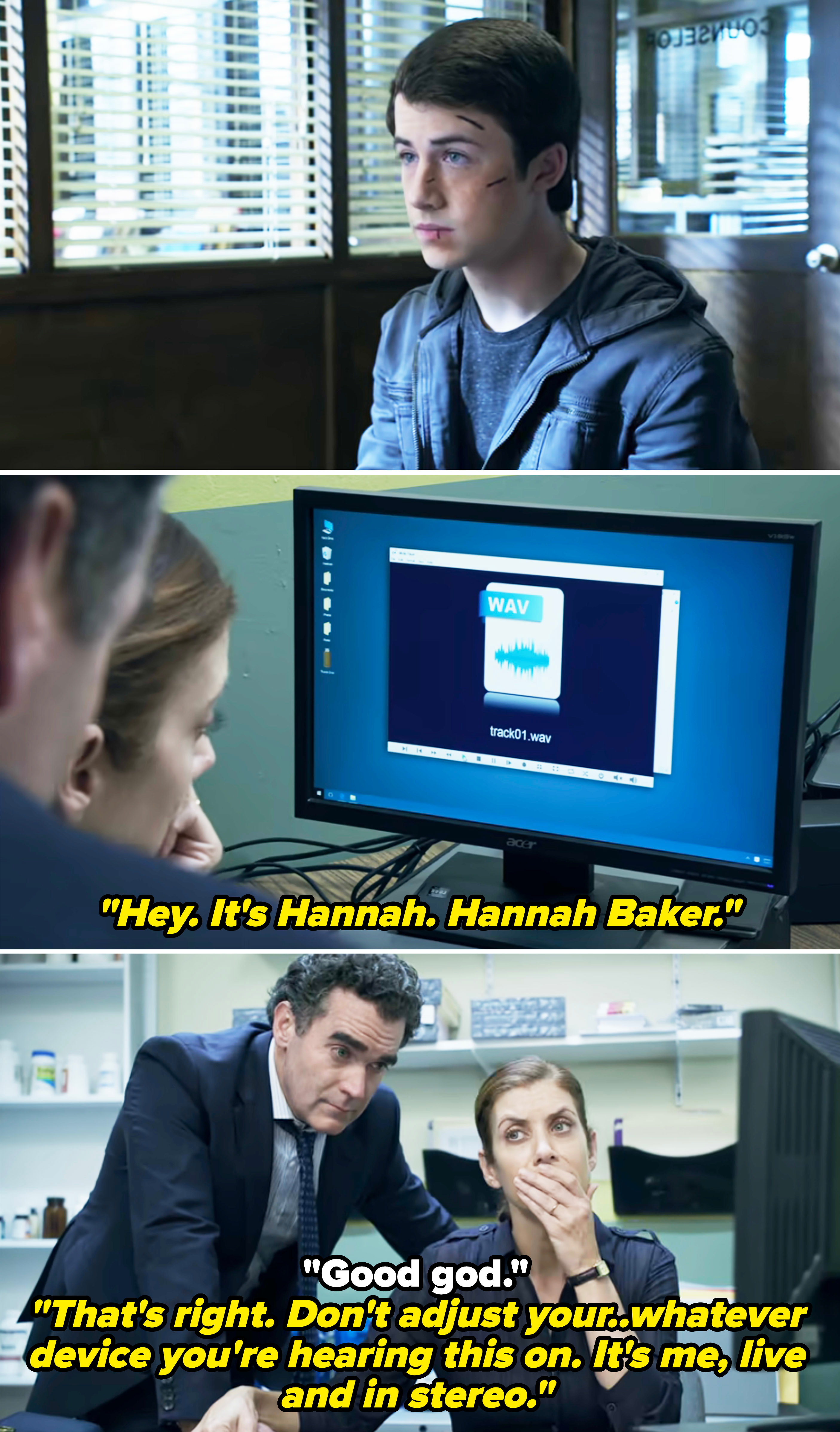 Top: Dylan Minnette as Clay Jensen with a cut on his face. Middle: Computer screen displaying a WAV file. Bottom: Hannah Baker's parents looking shocked as they listen to one of her tapes