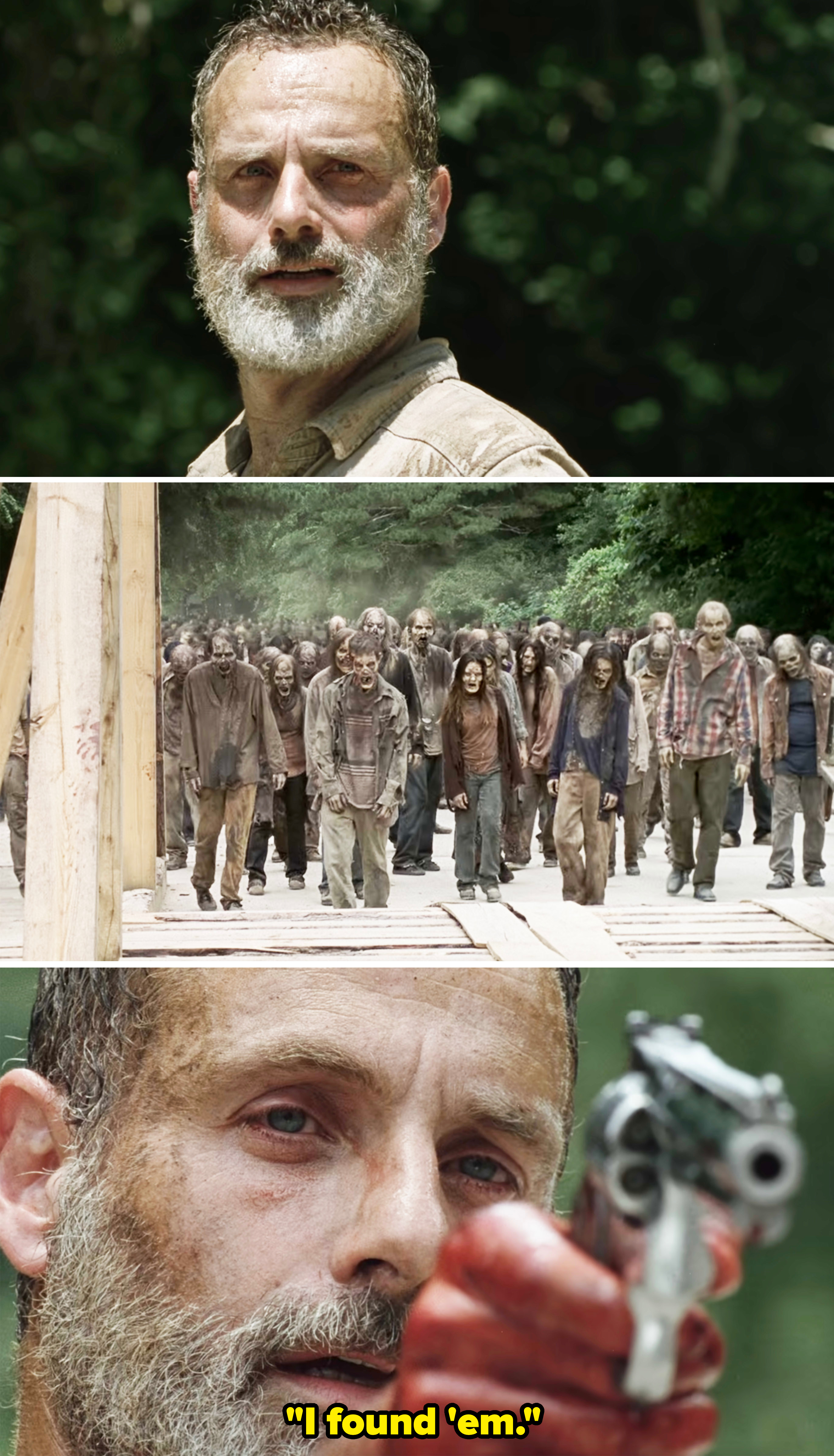 Three scenes from The Walking Dead featuring Rick Grimes (Andrew Lincoln): walking through woods, leading a group of zombies, and pointing a gun