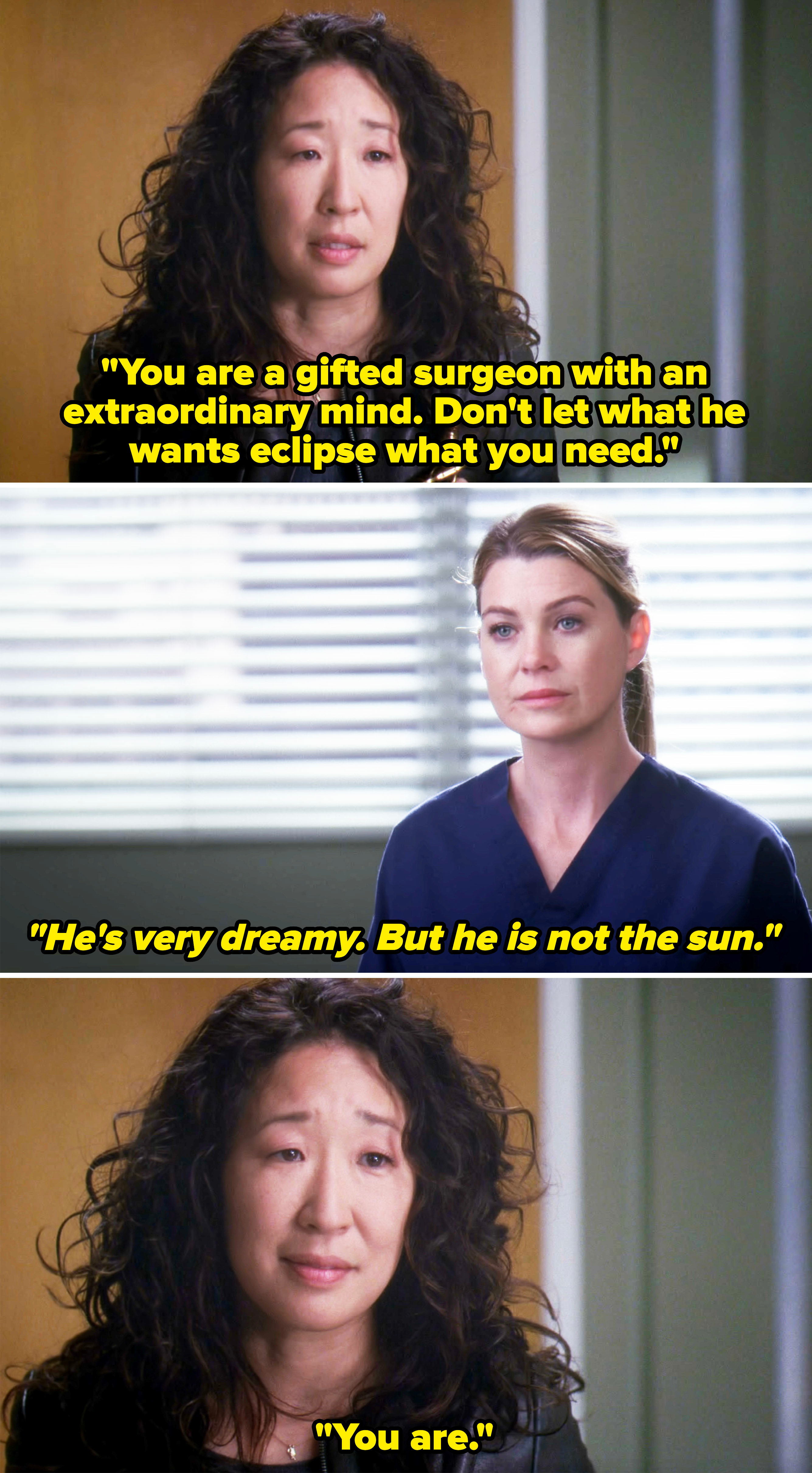 Sandra Oh as Dr. Christina Yang and Ellen Pompeo as Dr. Meredith Grey in a medical drama scene from Grey's Anatomy. Dr. Yang is talking to Dr. Grey