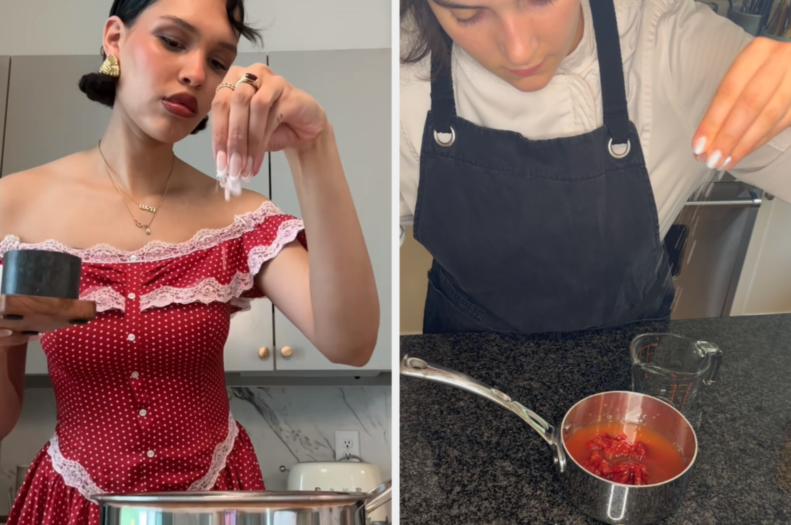 Left image: Woman in polka dot dress adding salt to a pot. Right image: Woman in apron adding seasoning to a pot of tomato sauce