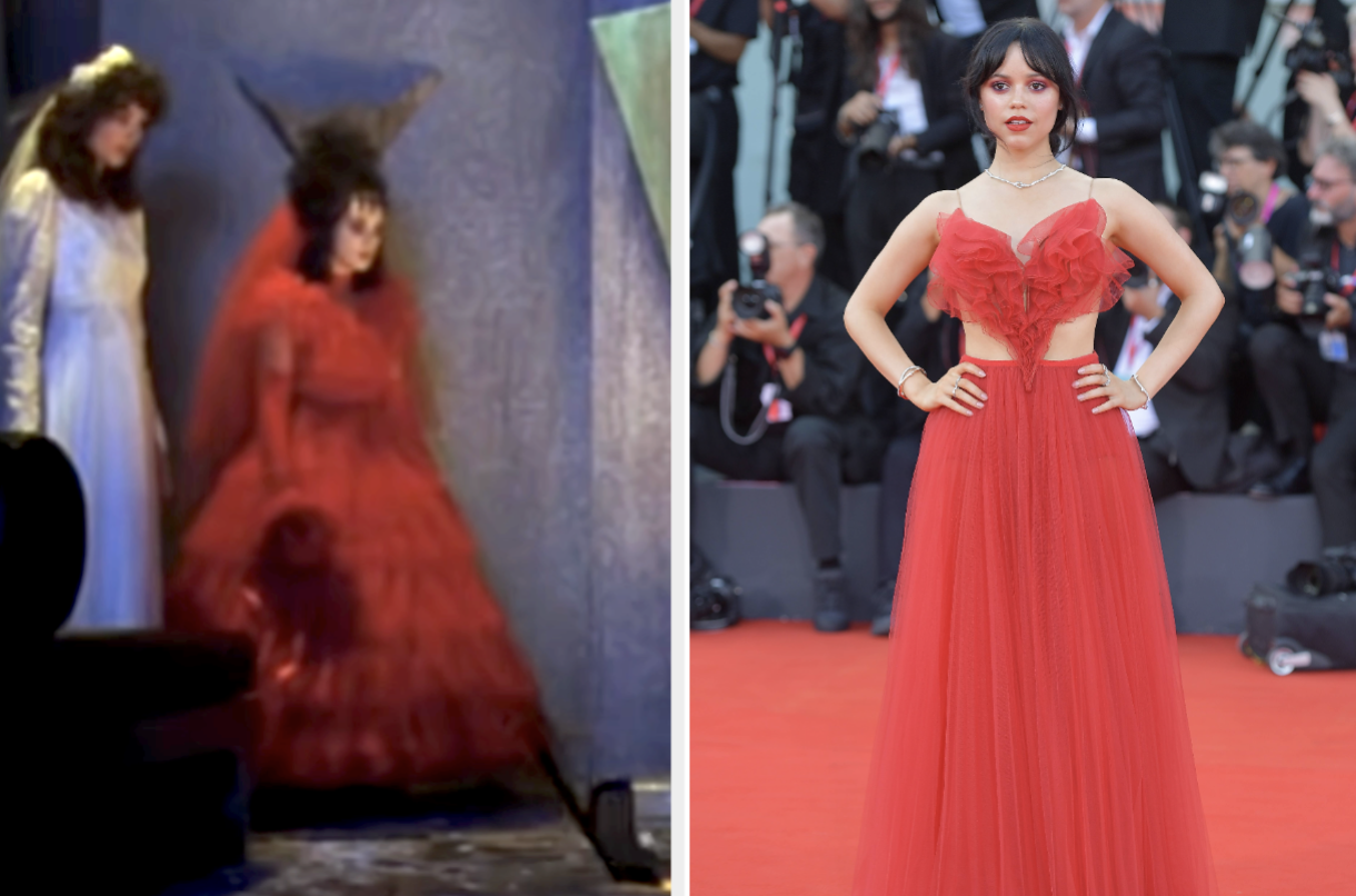 Winona Ryder in a red gown with a tall black hat as Delia Deetz (left) and Jenna Ortega in a red gown on the red carpet (right)