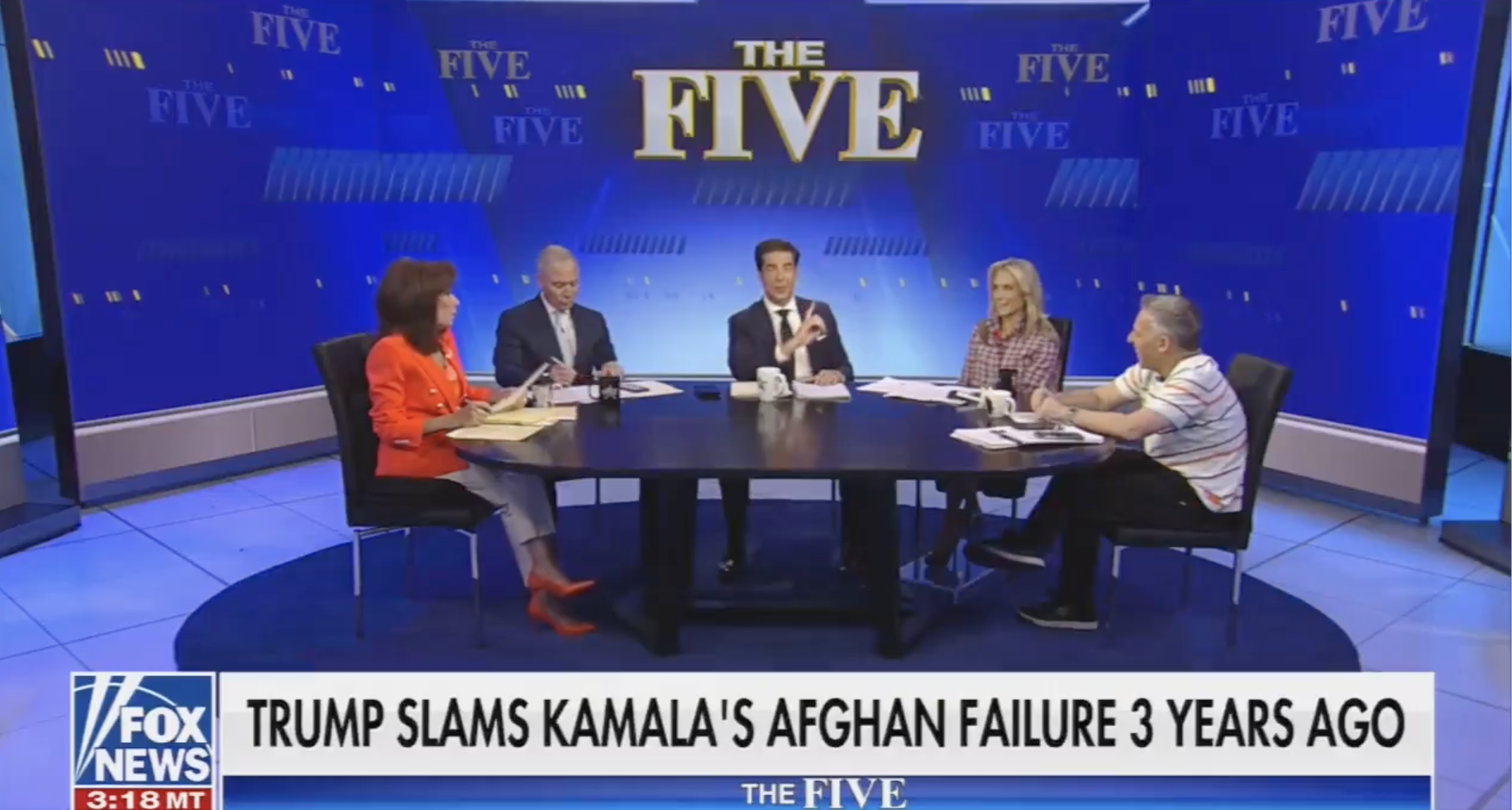 The Five hosts discussing news at a roundtable. The headline reads: "Trump slams Kamala's Afghan failure 3 years ago."