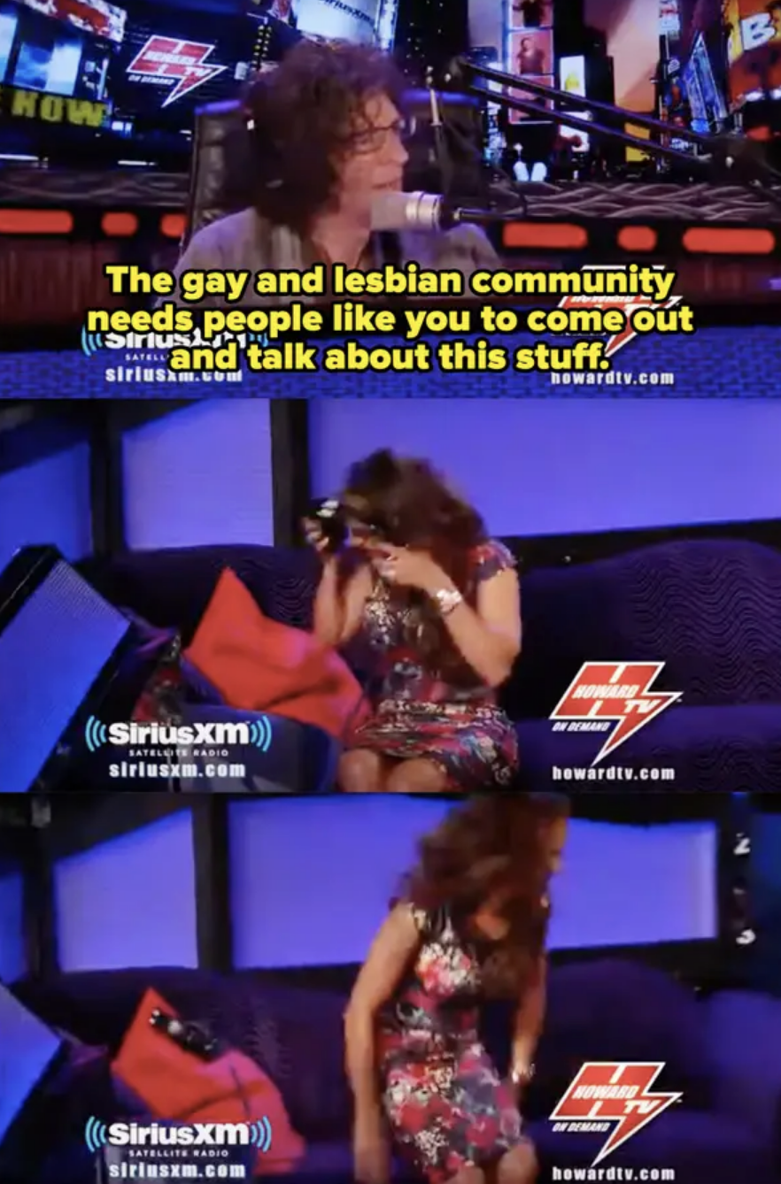 Howard Stern interviews Mel B. He says, "The gay and lesbian community needs people like you to come out and talk about this stuff." She takes off her headphones and leaves