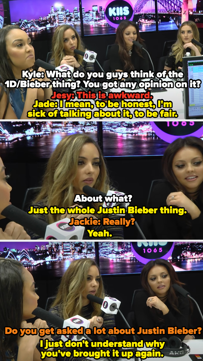 Jesy Nelson, Jade Thirlwall, Kyle Sandilands, and Jackie O co-host on air. Kyle asks about Justin Bieber, making Jade and Jesy visibly uncomfortable