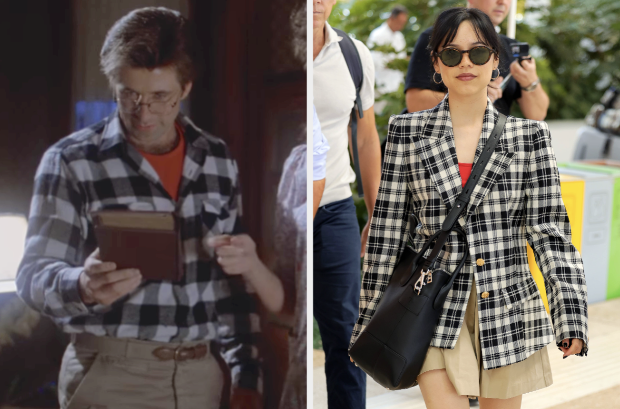Alec Baldwin in a plaid shirt examines a book. Jenna Ortega in a plaid blazer, skirt, and sunglasses walks outside with a black shoulder bag