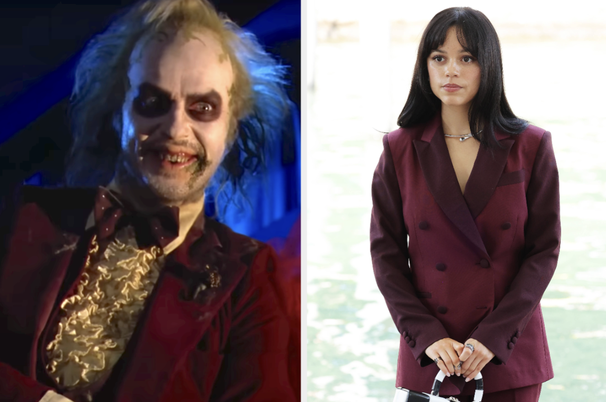 Beetlejuice character in a ruffled shirt and bow tie next to Jenna Ortega in a double-breasted suit jacket
