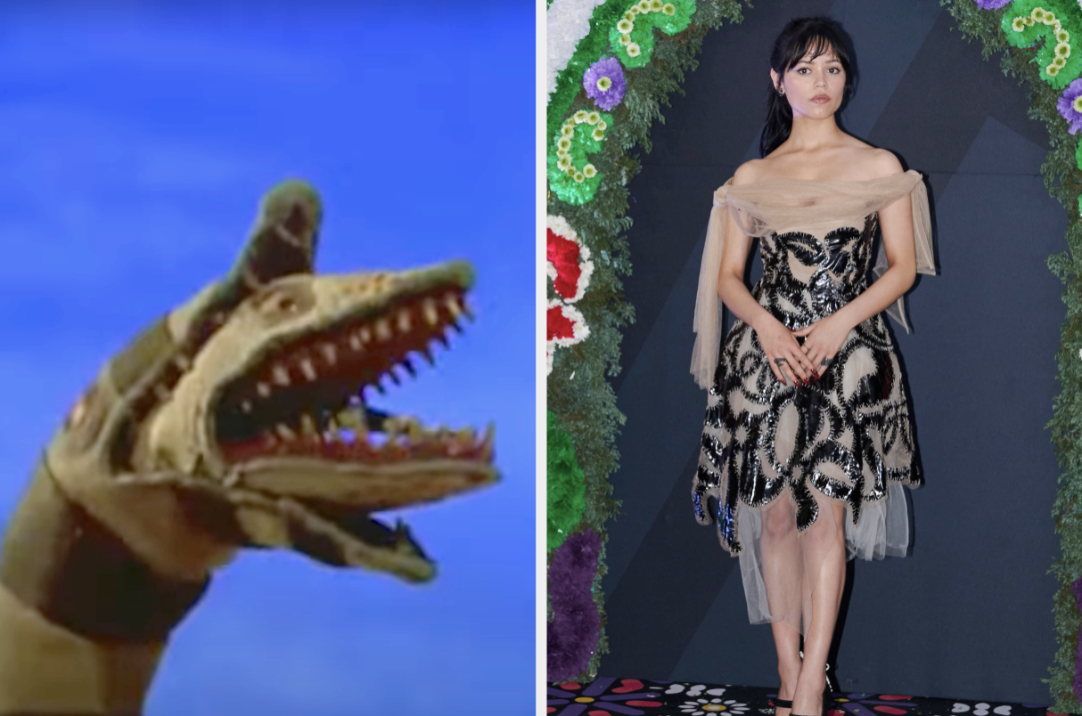 A close-up of a dinosaur from a TV show on the left. On the right, Jenna Ortega wears an elegant, off-the-shoulder, patterned dress at a formal event