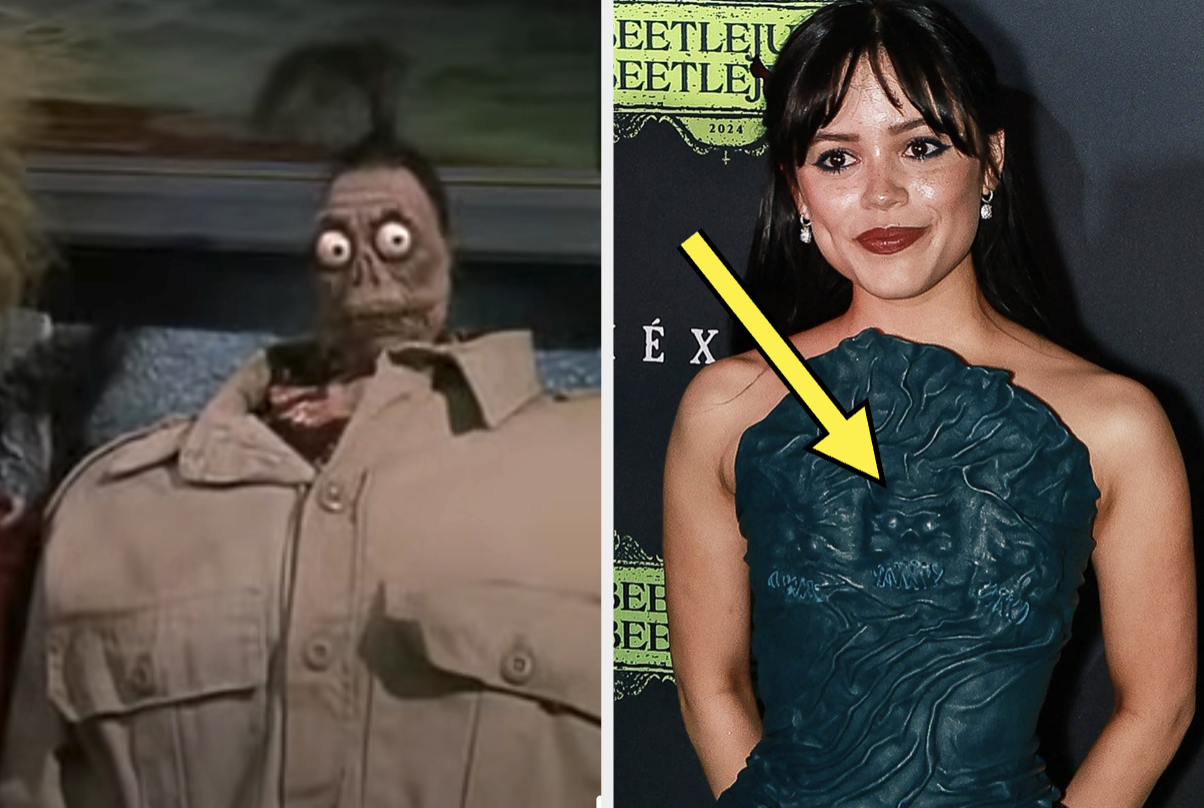 On the left is a scene from Beetlejuice featuring Harry the Hunter with exaggerated eyes. On the right, Jenna Ortega on a red carpet wearing a unique, textured dress
