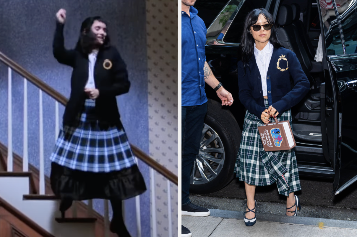 Left: Lydia Deetz dressed in a black sweater and checkered skirt, dancing on stairs. Right: Jenna Ortega wearing a black jacket, white shirt, and checkered skirt