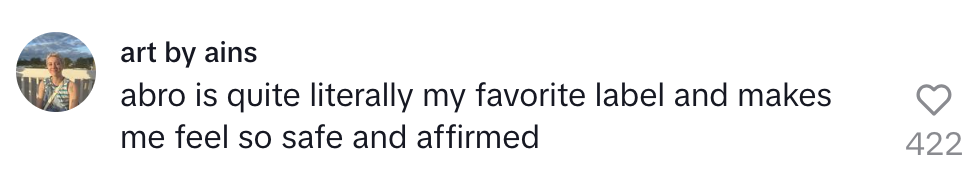 Message from art by ains reads, "abro is quite literally my favorite label and makes me feel so safe and affirmed"