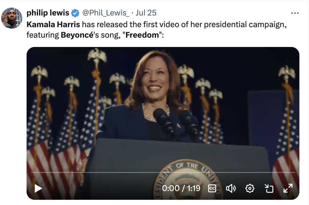 Kamala Harris speaking at a podium with a backdrop of flags. Text notes Harris released the first video of her US presidential campaign, featuring Beyoncé's song, &quot;Freedom&quot;