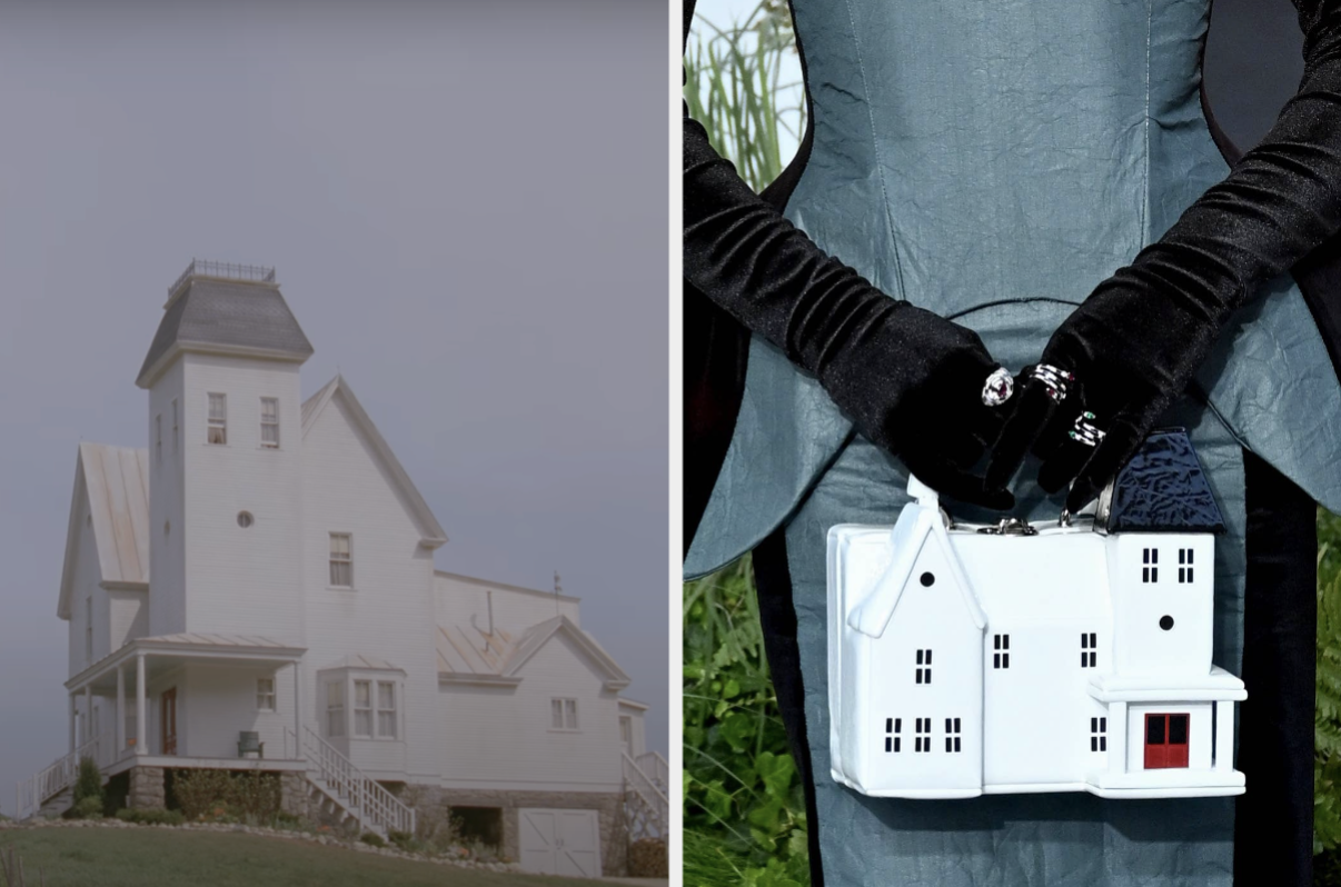Split image: Left shows a unique multi-story house. Right shows Jenna Ortega holding a clutch shaped like the house, wearing stylish black gloves and attire