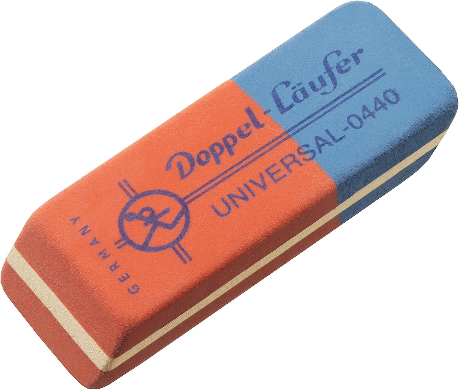 Two-sided Doppel Läufer eraser with &quot;Universal-0440&quot; text, used for removing pencil marks