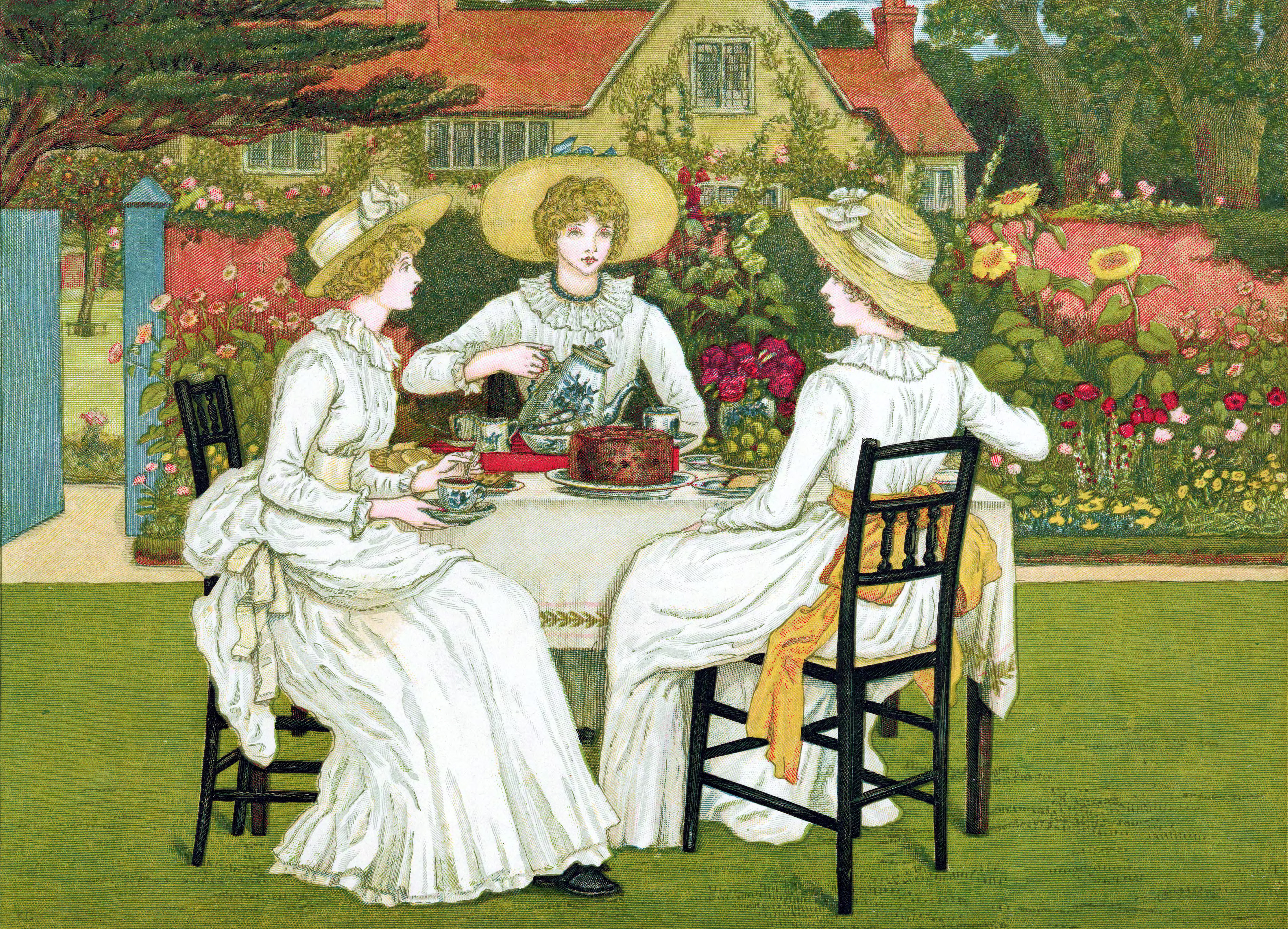 Three women in period dress sit at a table set for tea in a vibrant garden with a cottage in the background