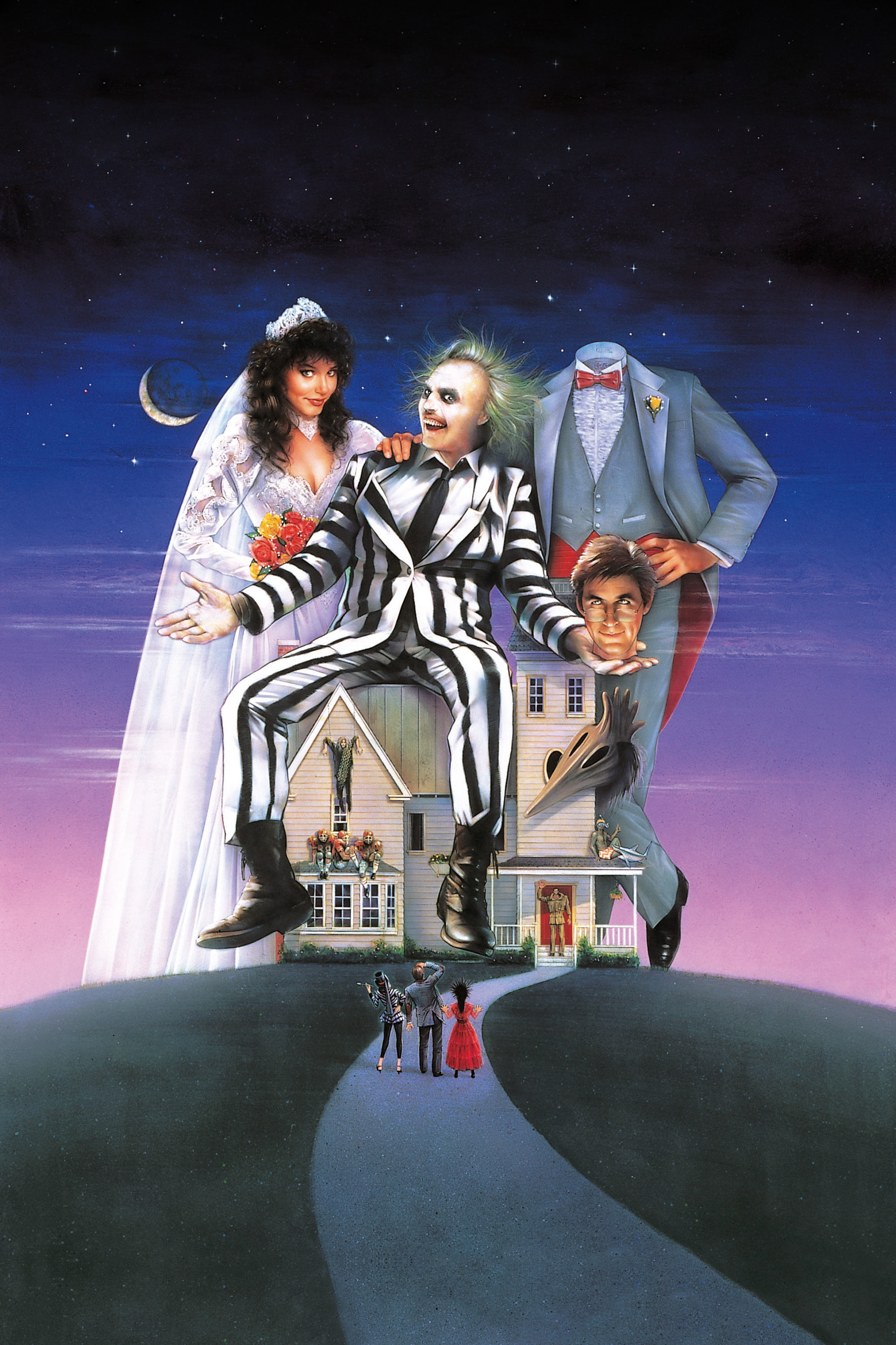 An illustrated image of Betelgeuse, Barbara, and Adam with no head, floating over a house. People stand outside, looking up