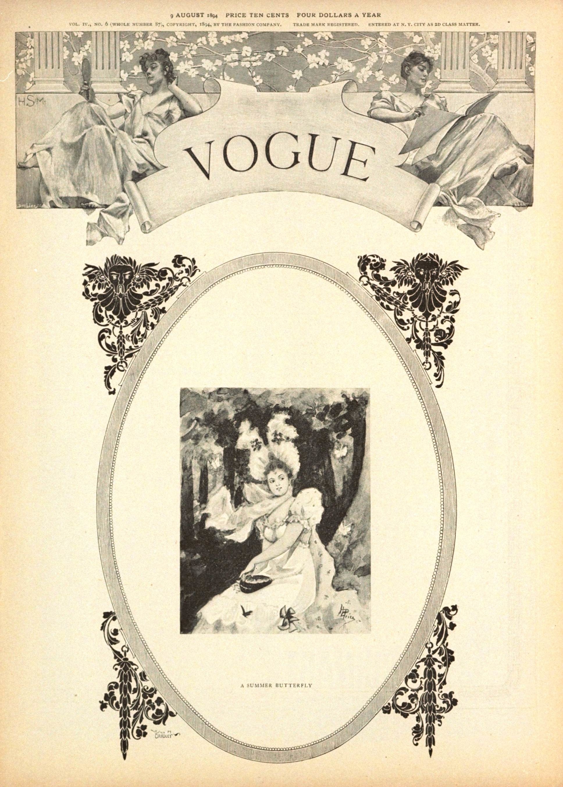 A vintage Vogue magazine cover from August 1893 showing an illustration of a woman in a garden scene, captioned "A Summer Butterfly."