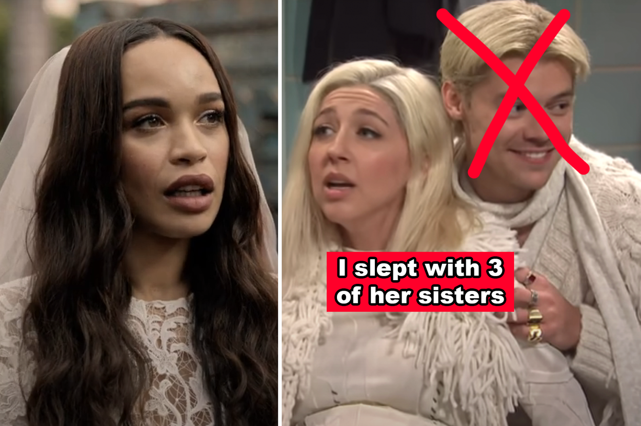 Actress Zoë Kravitz in a wedding dress on the left; Pete Davidson and Chloe Fineman dressed as biblical characters on the right with the text "I slept with 3 of her sisters."