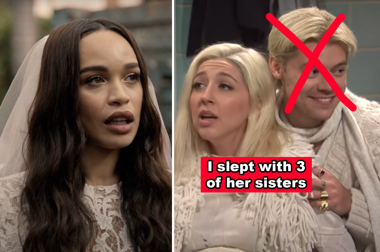 Actress Zoë Kravitz in a wedding dress on the left; Pete Davidson and Chloe Fineman dressed as biblical characters on the right with the text "I slept with 3 of her sisters."