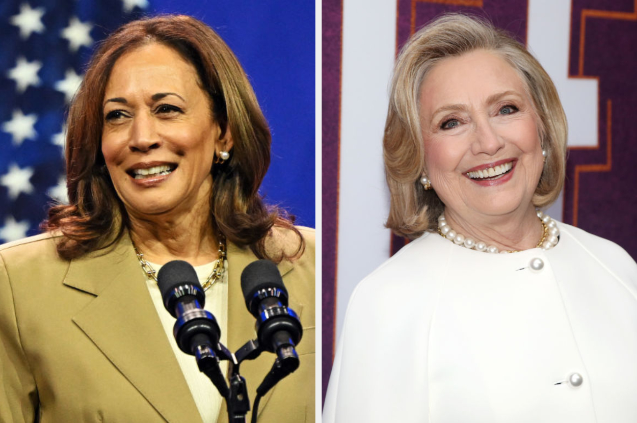 Kamala Harris speaks at a podium, wearing a tan suit. Hillary Clinton smiles while at an event