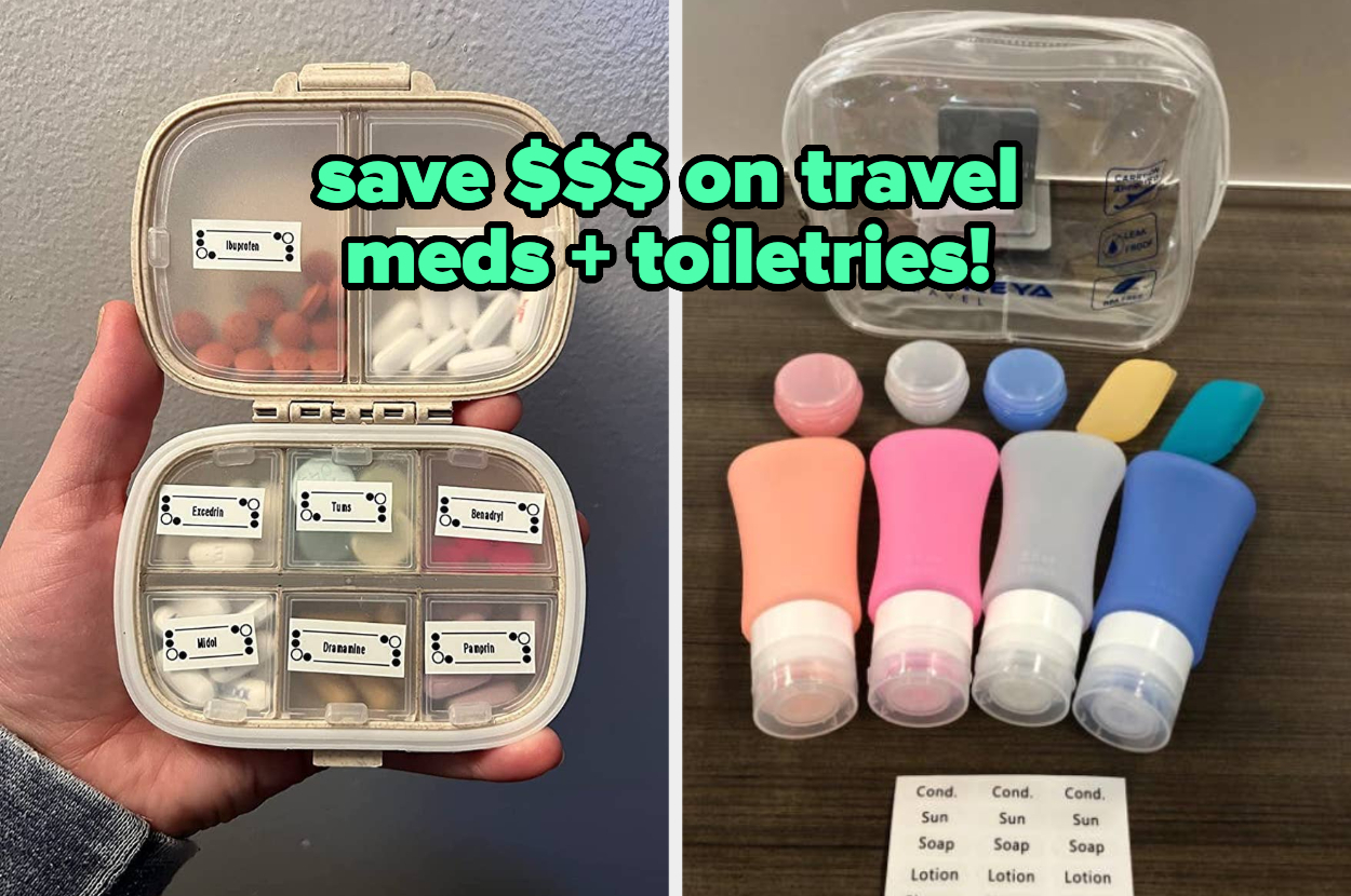 reviewer holds open travel pill organizer / reviewer's toiletry bottle set