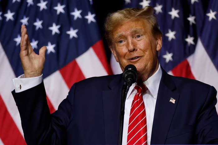 Donald Trump speaks at a podium with multiple American flags in the background. He is wearing a dark suit, shirt, and a striped tie