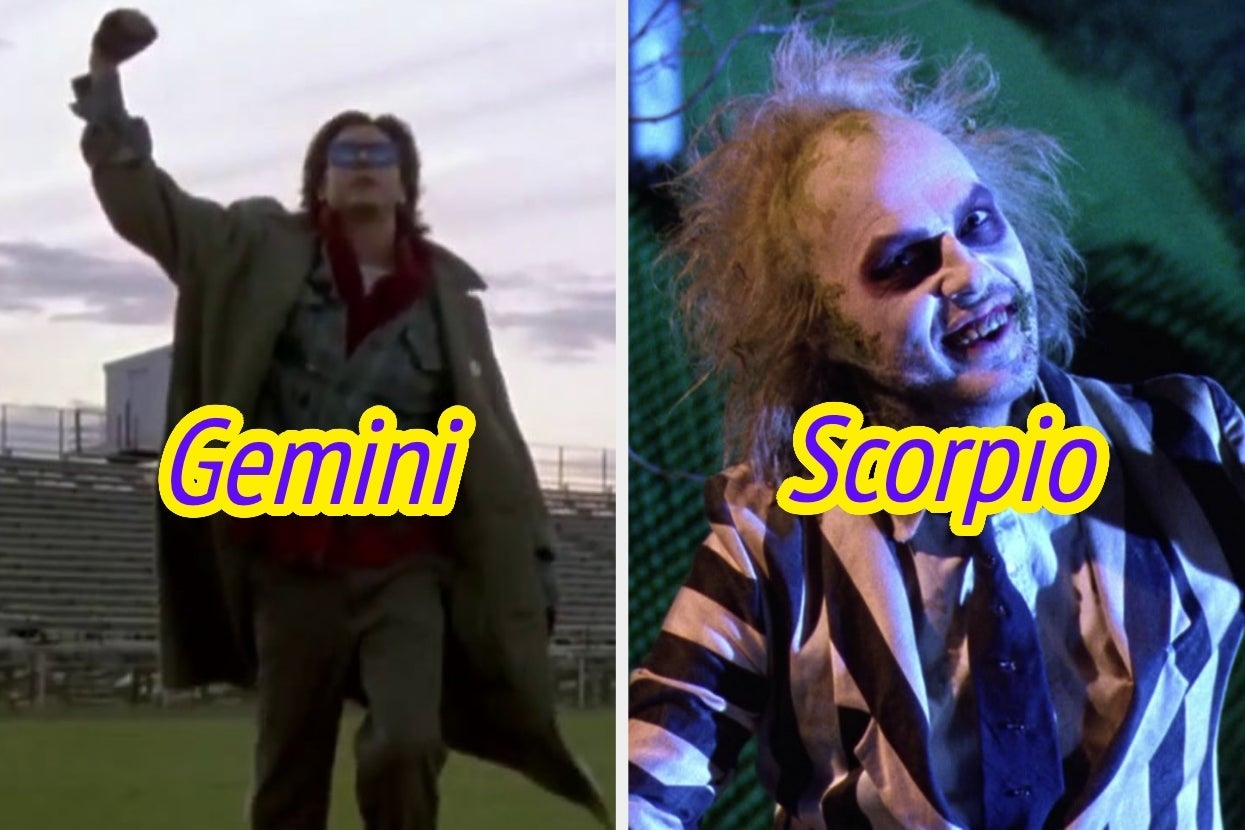 On the left, Bender from The Breakfast Club pumping his fist in the air labeled Gemini, and on the right, Beetlejuice smiling labeled Scorpio