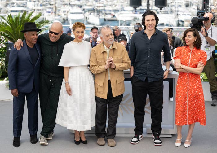 Giancarlo Esposito, Laurence Fishburne, Nathalie Emmanuel, Francis Ford Coppola, Adam Driver, and Aubrey Plaza posing together at an outdoor event