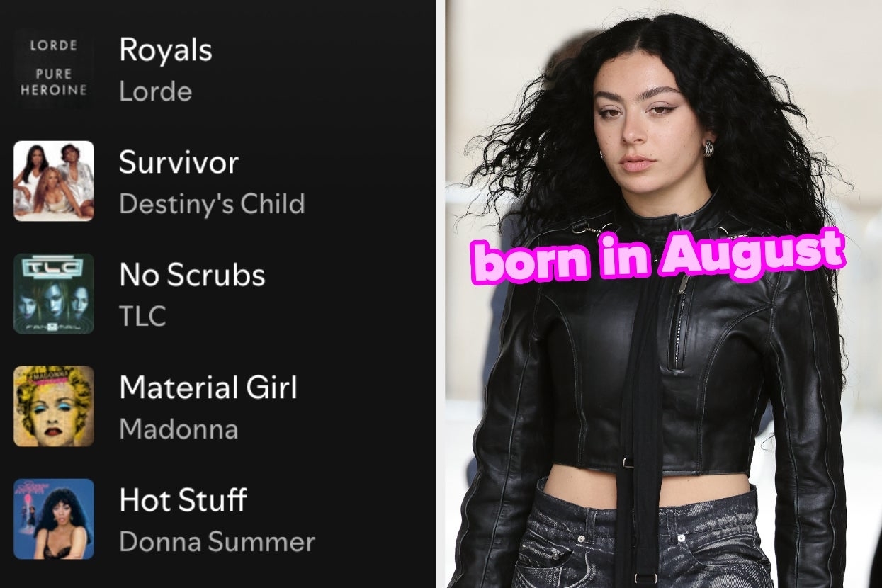 On the left, a Spotify playlist, and on the right, Charli XCX walking down the street labeled born in August