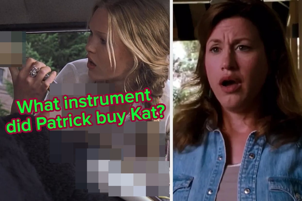 On the left, Kat from 10 Things I Hate About You leaning in to a car labeled what instrument did Patrick buy Kat, and on the right, Chessy from The Parent Trap