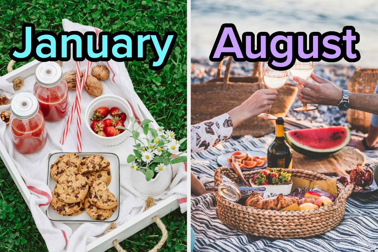 On the left, a picnic tray of cookies and strawberries labeled January, and on the right, a beach picnic scene with watermelon and wine labeled August