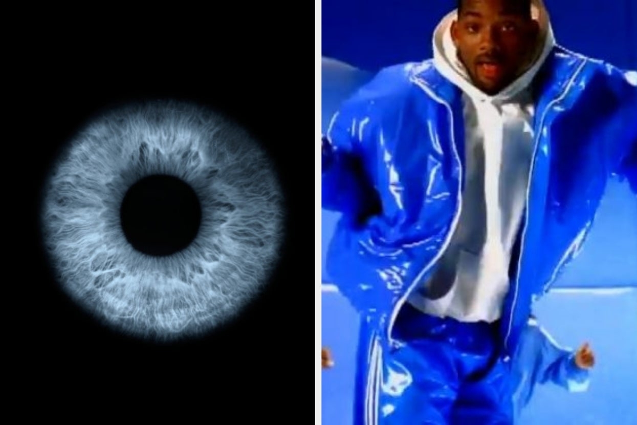 On the left, a closeup of an eye, and on the right, Will Smith dancing in the Gettin Jiggy Wit It music video